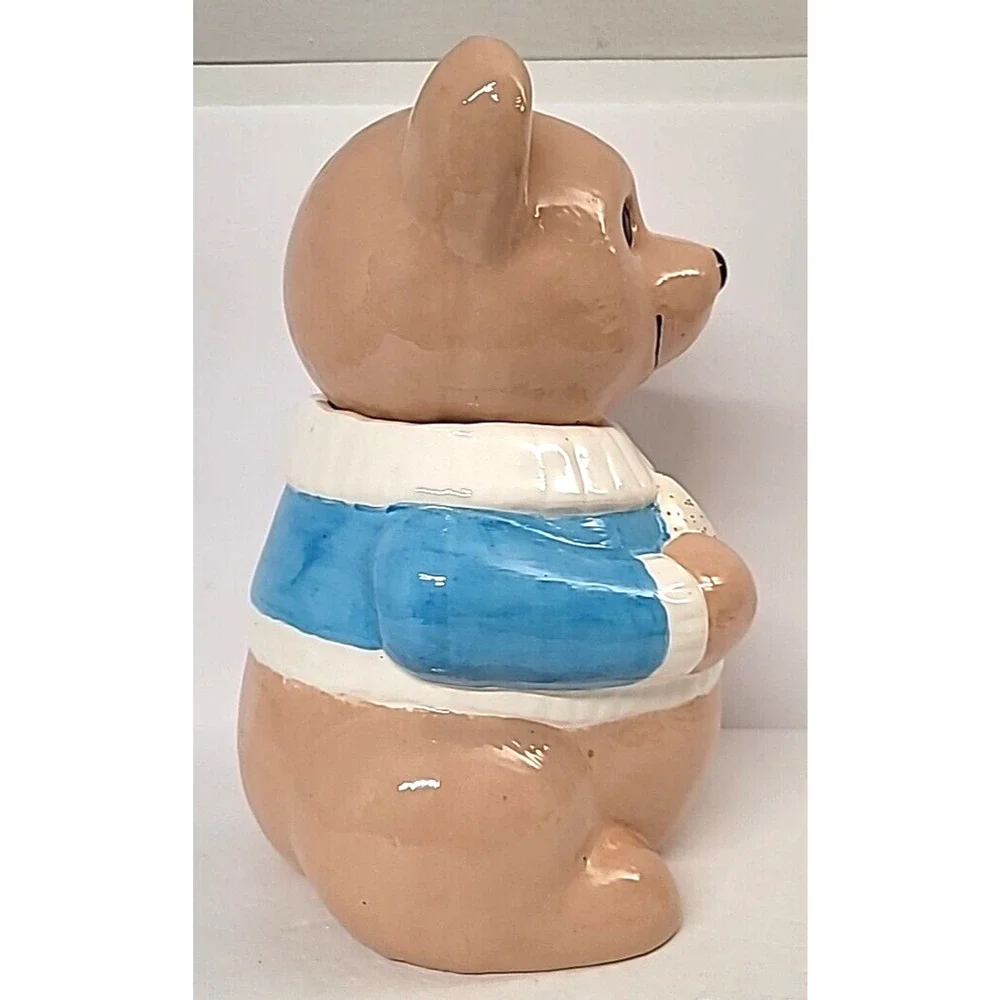Vintage Tan Bear‎ Holding a Cookie with a Blue/White Sweater Ceramic Cookie Jar